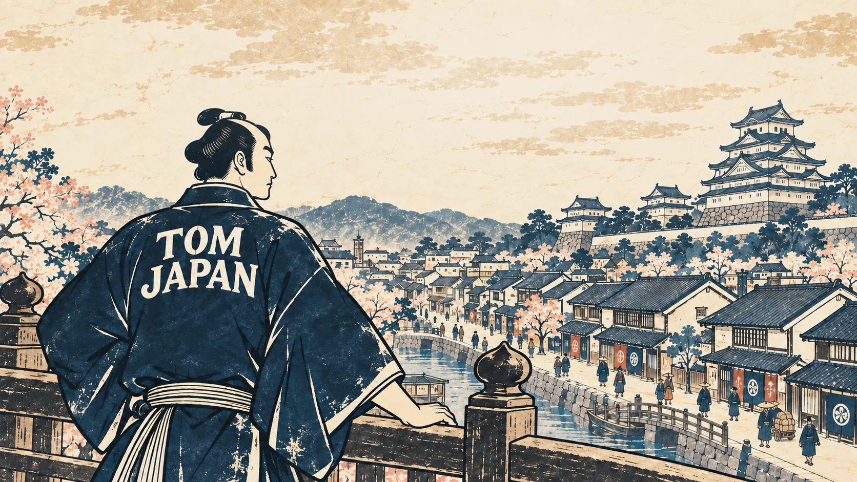 橋の上から、城と桜の城下町を見渡す侍。背中には TOM JAPAN の文字