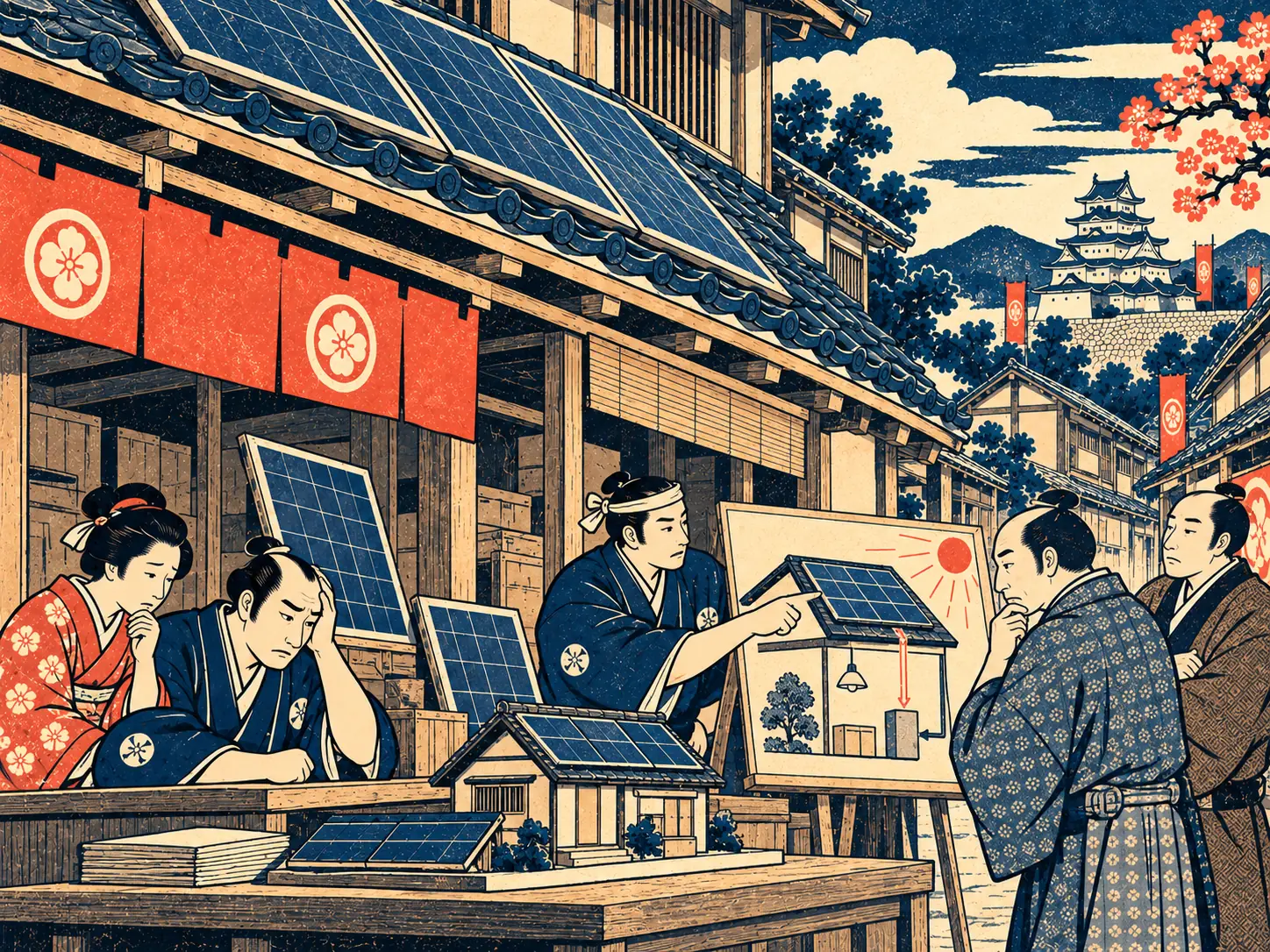 電力の売り場。太陽光の仕組みを説明する店の者と、電気代に悩み、得になるのか迷うお客様たち