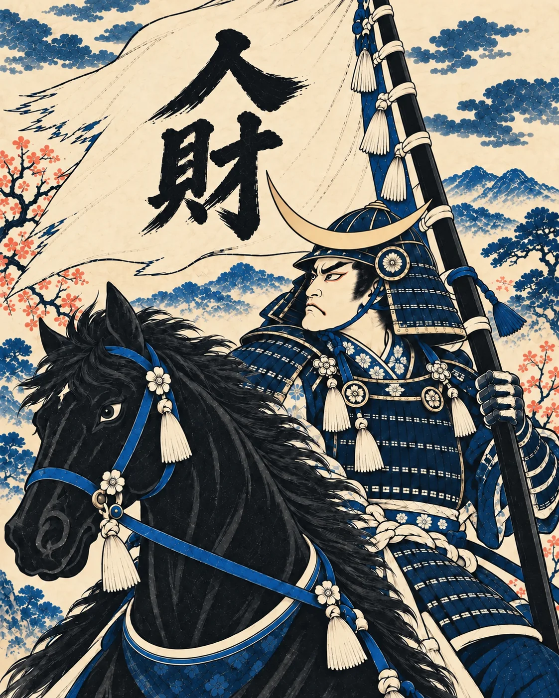 「人財」の旗を掲げ、黒馬に乗る藍の鎧の武将
