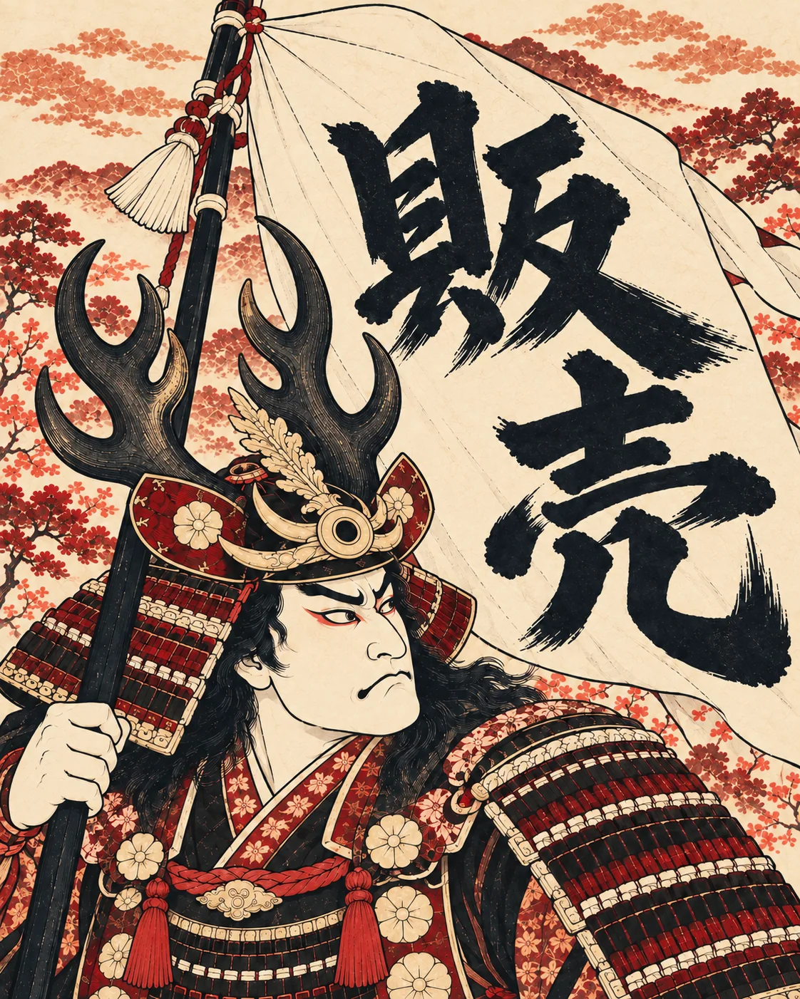 「販売」の旗を掲げる、朱の鎧と鹿角の兜の武将